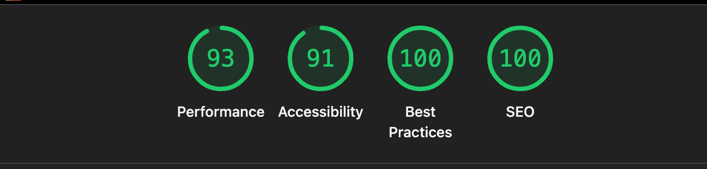 Lighthouse scores after website optimization: performance 93, accessibility 91, best practices 100, SEO 100