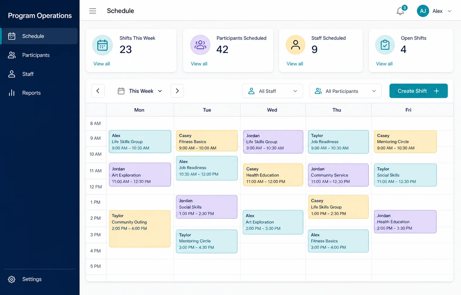 Weekly scheduling dashboard for the Gaitway program hours platform